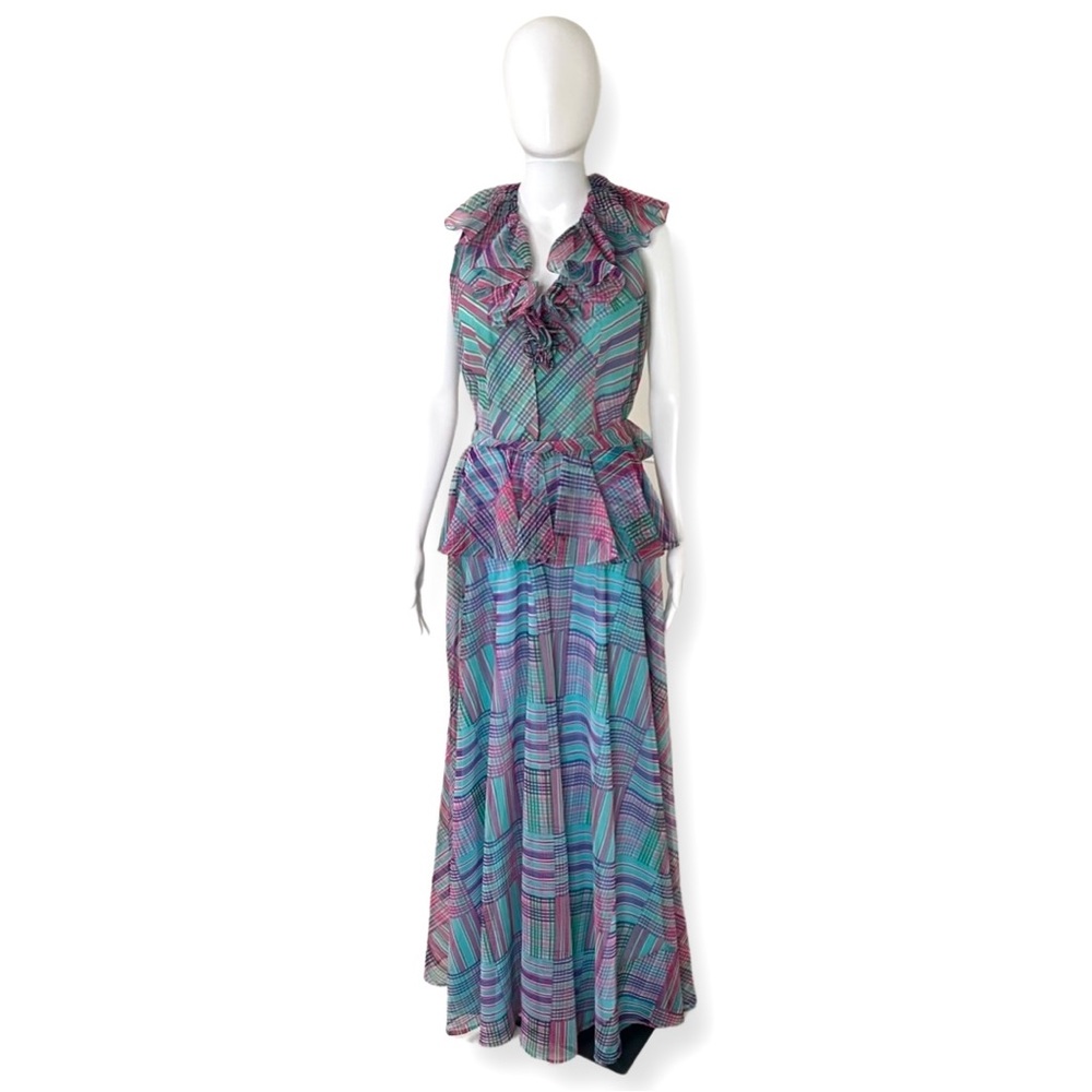 1970s plaid pastel ruffle dress full length stunner